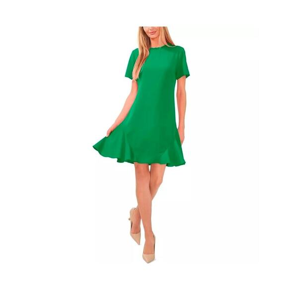 CeCe Ruffle Neck Short Sleeve Godet A-Line Dress‎ Women's 2 Lush Green Back Zip - Picture 8 of 10